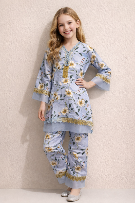 Cotton Printed Lace Work Kurti Set 1325 Sky Blue