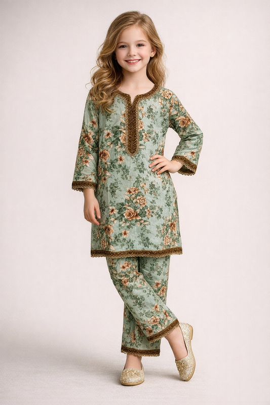 Cotton Printed Lace Work Kurti Set 1327 Green