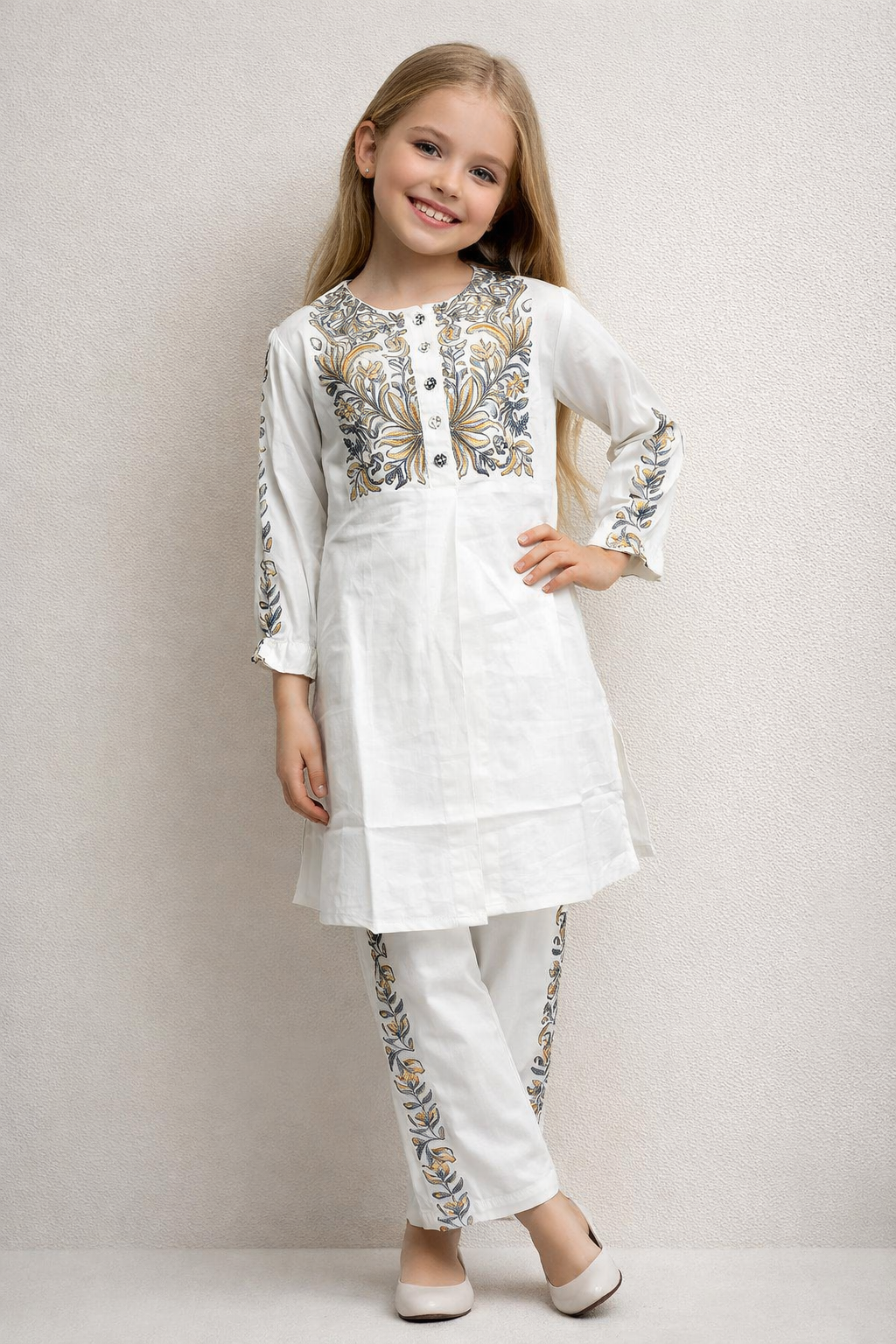 Cotton Embroidery Kurti Set 1328 White