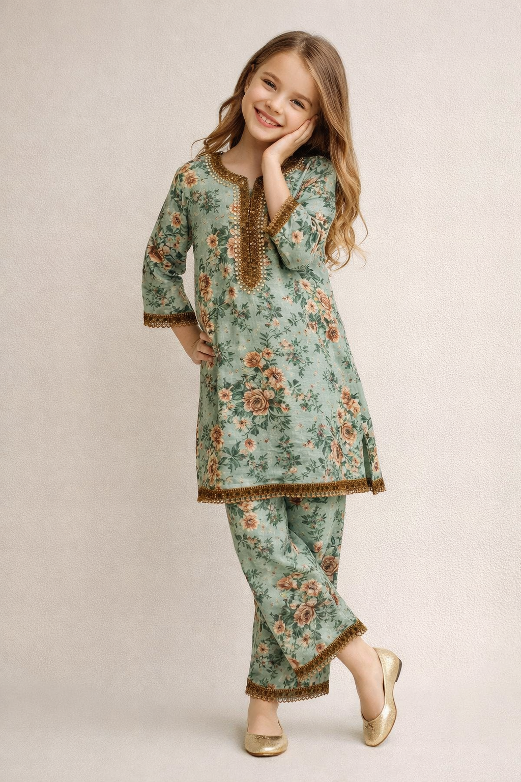 Cotton Printed Lace Work Kurti Set 1327 Green