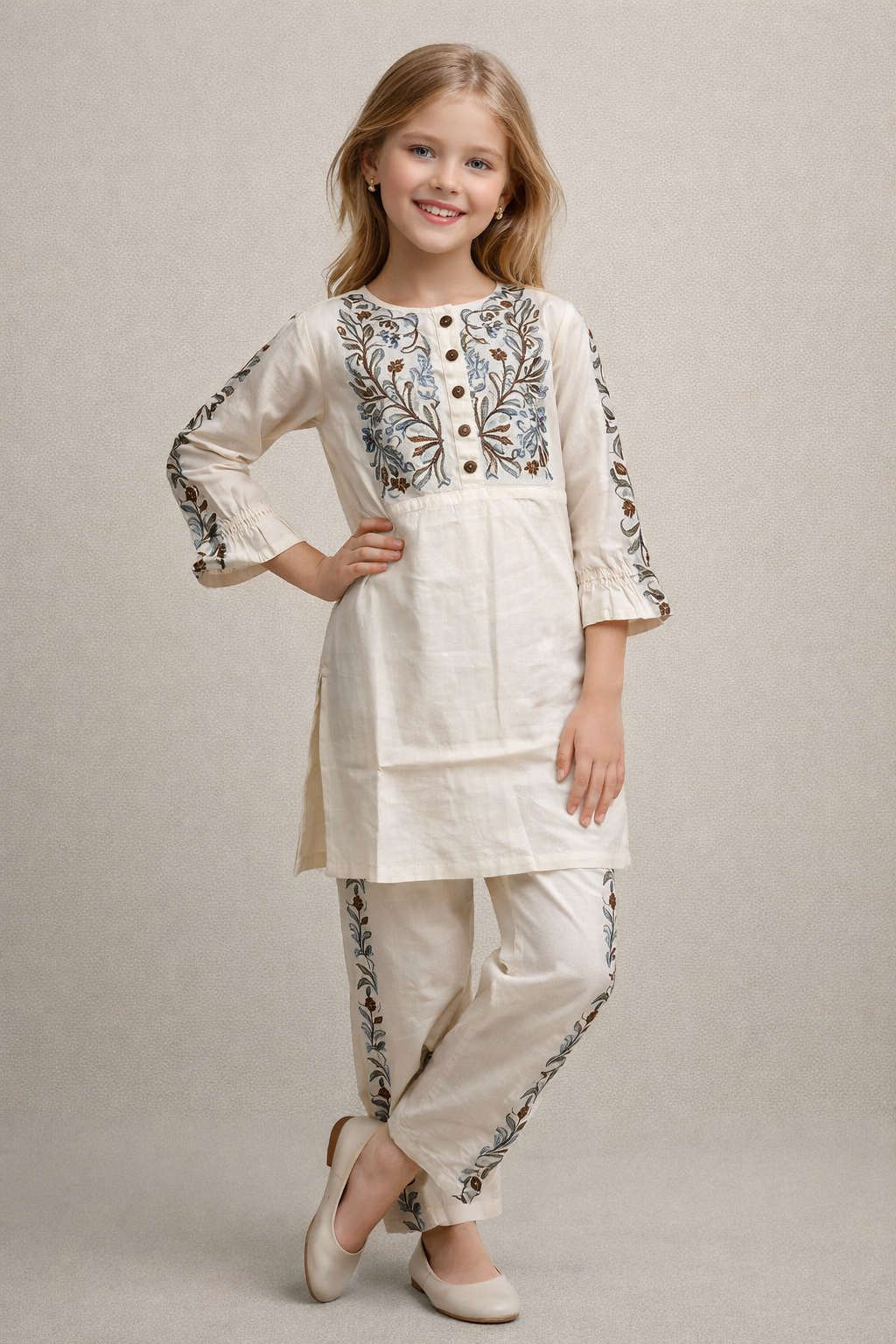 Cotton Embroidery Kurti Set 1326 Cream