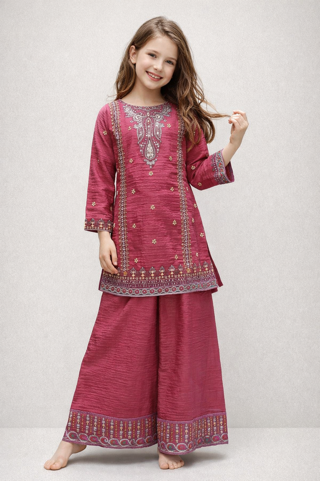 Georgette Bids Work Kurti Plazo Set 5483 pink