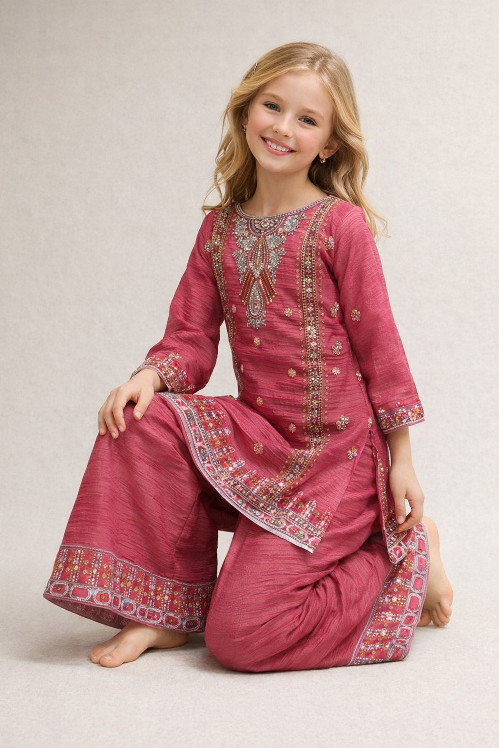 Georgette Bids Work Kurti Plazo Set 5483 pink