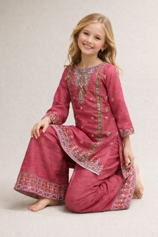 Georgette Bids Work Kurti Plazo Set 5483 pink