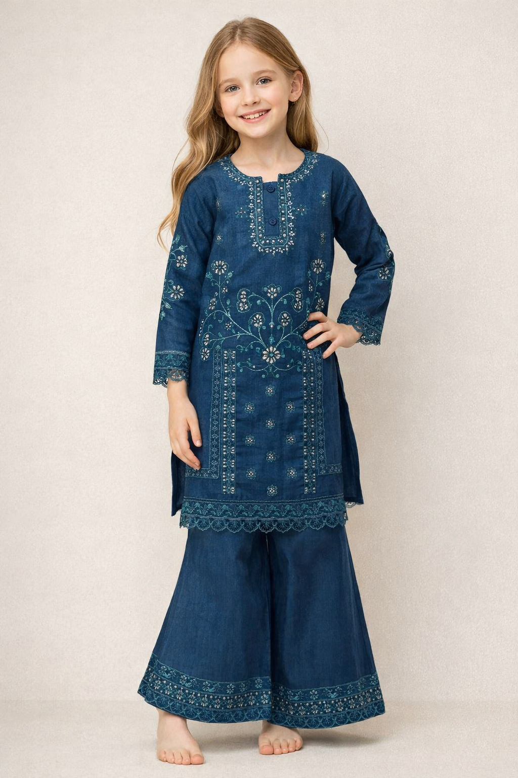 Cotton Bids Work Kurti Plazo Set With Dupatta 4422 Royal Blue