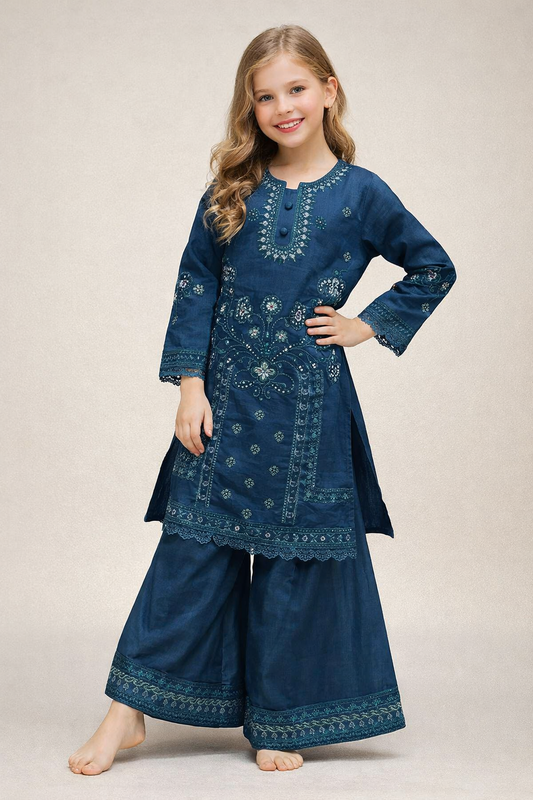Cotton Bids Work Kurti Plazo Set With Dupatta 4422 Royal Blue