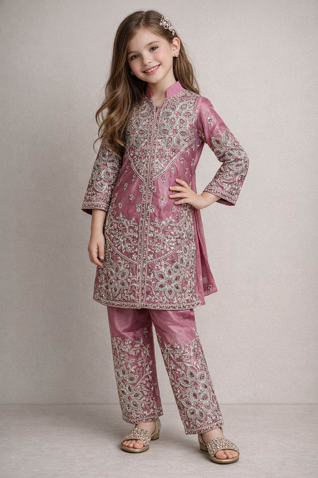 Net Hand Work Kurti Set 4707 Pink