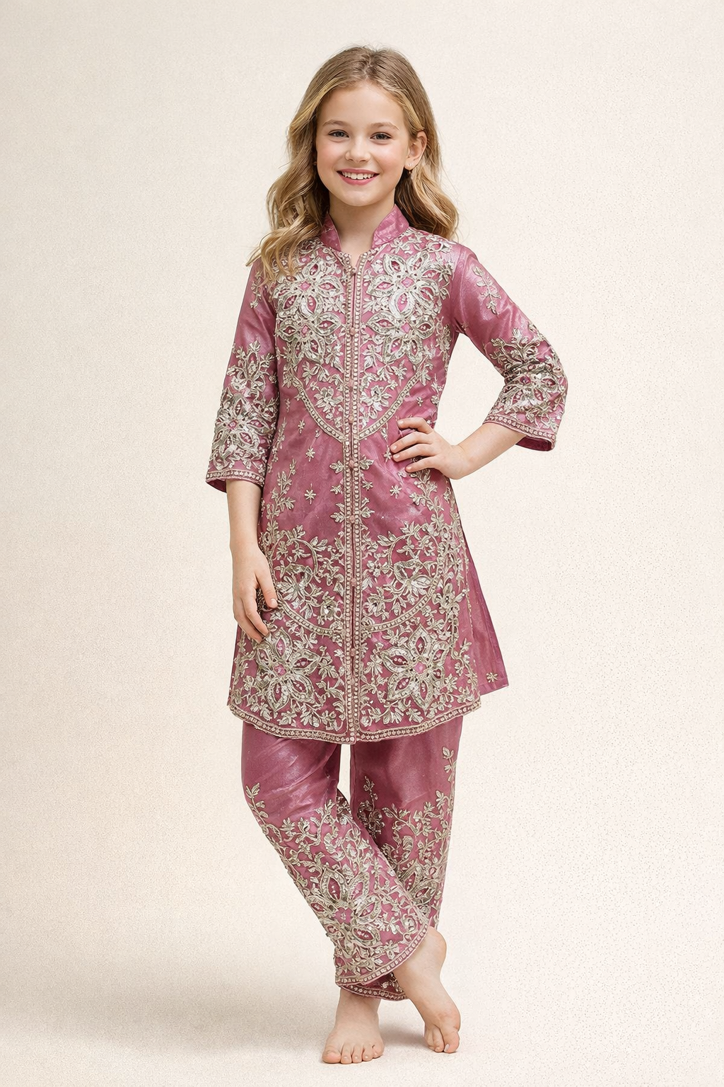 Net Hand Work Kurti Set 4707 Pink