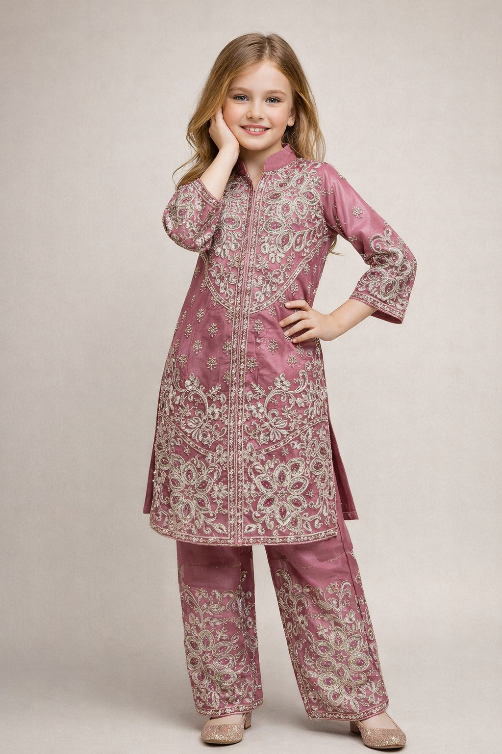 Net Hand Work Kurti Set 4707 Pink