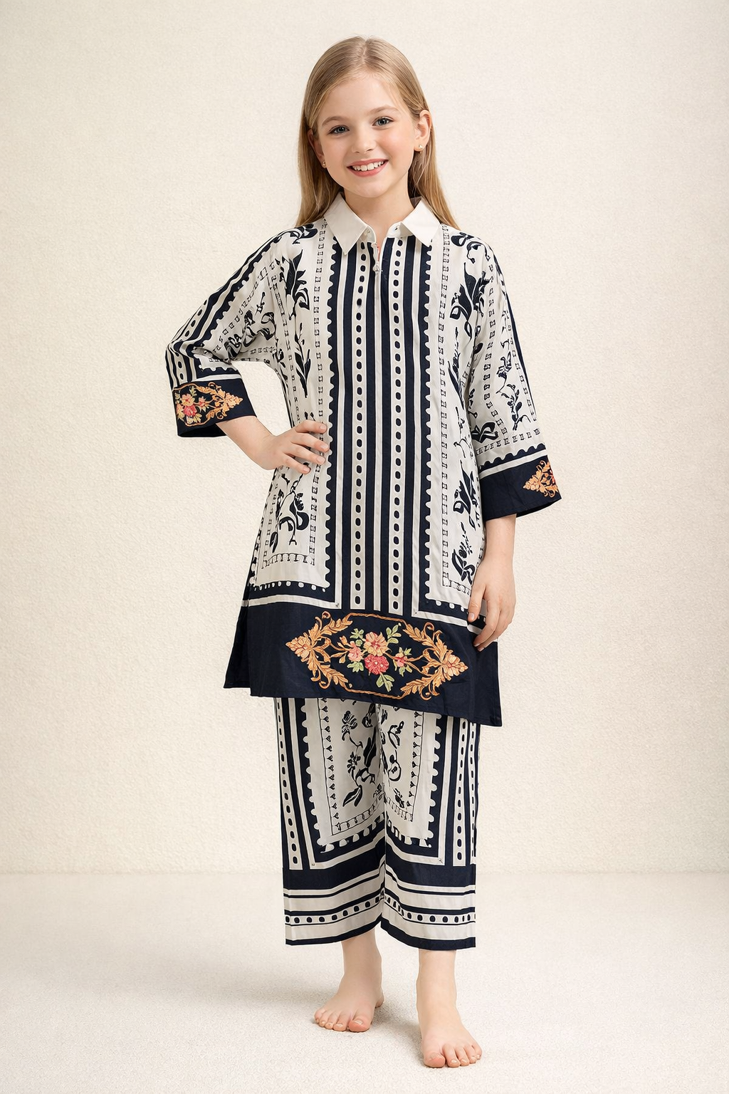 Satin Printed Turkish Cord Set 1331 Cream