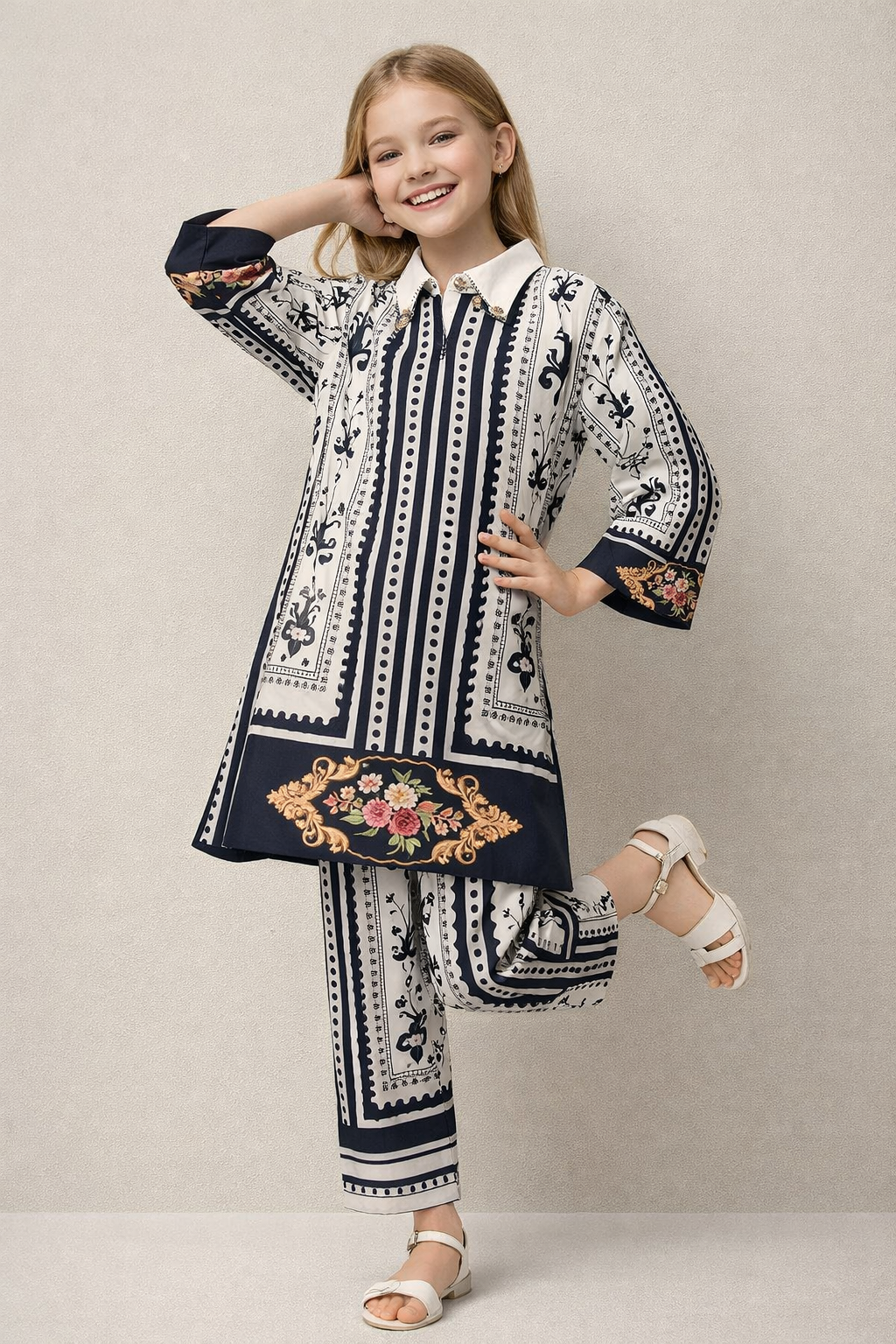 Satin Printed Turkish Cord Set 1331 Cream