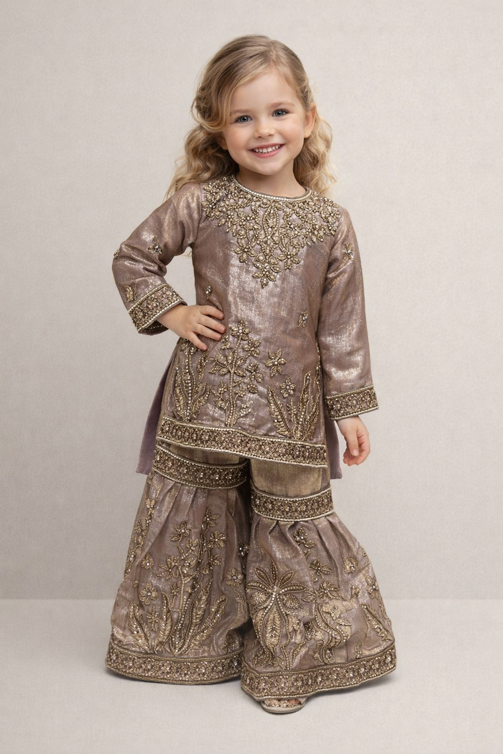 Georgette Hand Work Kurti Gharara Set 4777 Peach