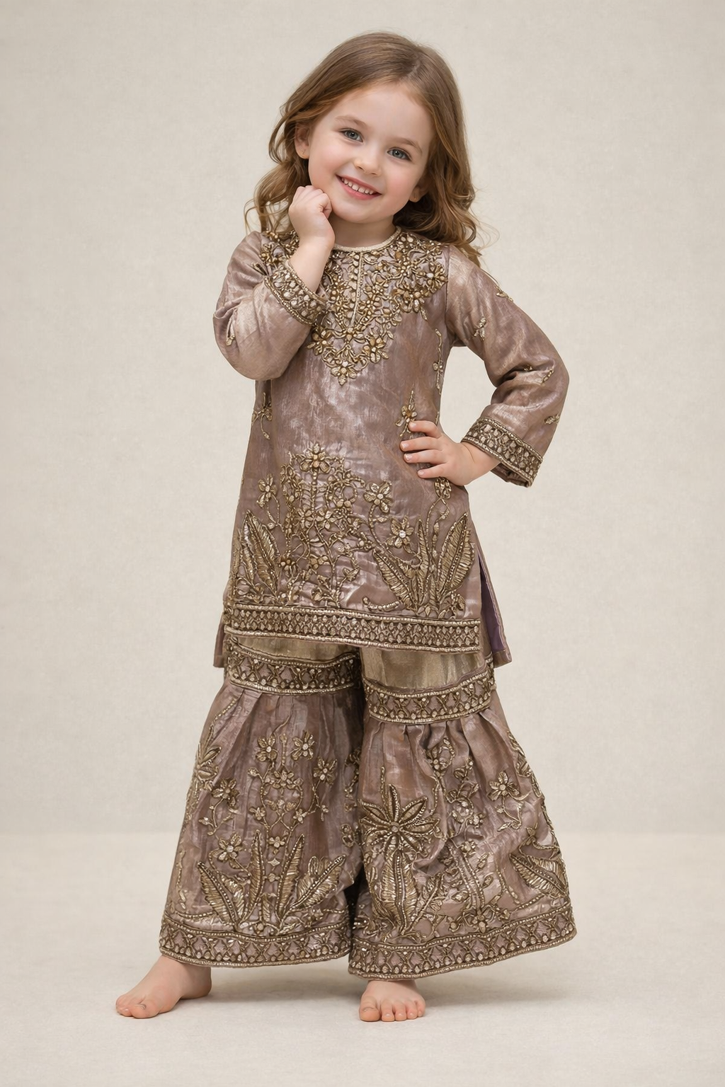 Georgette Hand Work Kurti Gharara Set 4777 Peach