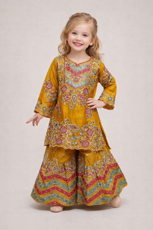 Georgette Hand Work Kurti Plazo Set 4762 Yellow