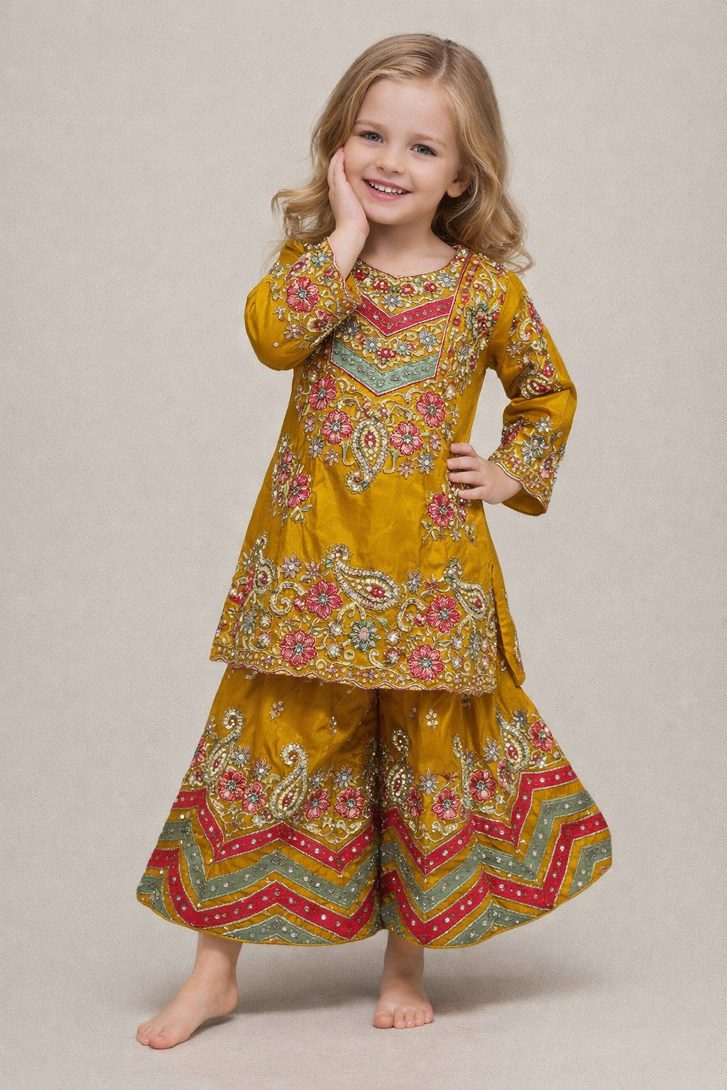 Georgette Hand Work Kurti Plazo Set 4762 Yellow