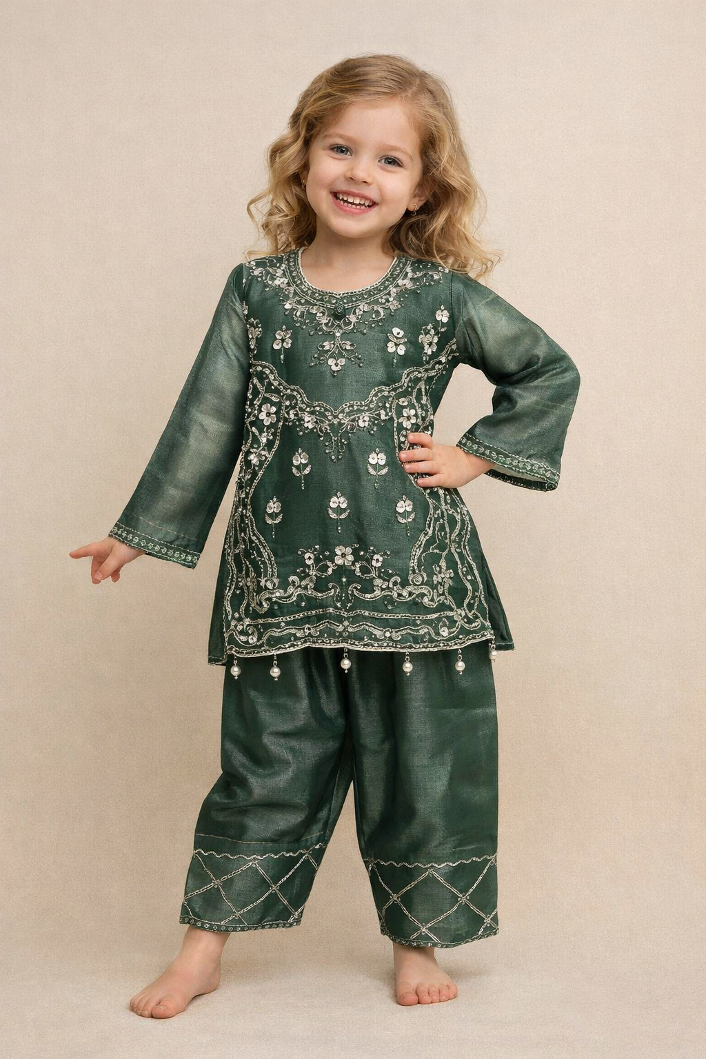 Georgette Bids Work Kurti Pant Set 7067 Green