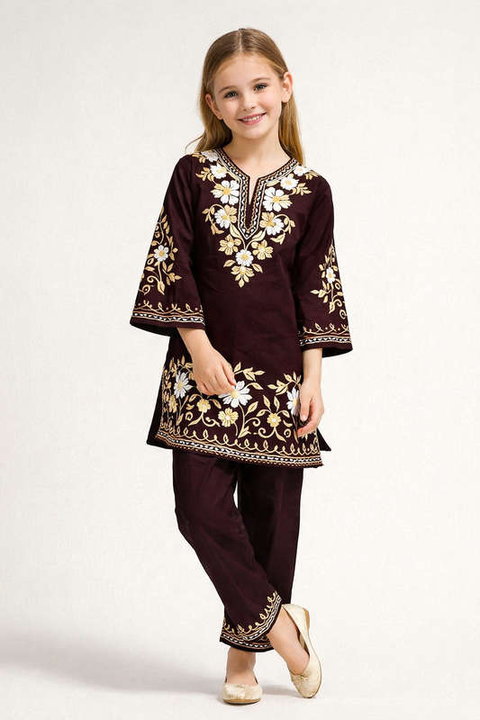 Cotton Embroidery Kurti set 1337 Brown