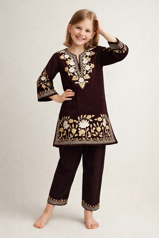 Cotton Embroidery Kurti set 1337 Brown