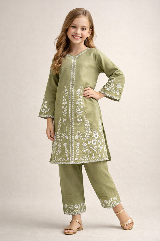 Cotton Embroidery Kurti Set 1336 Green