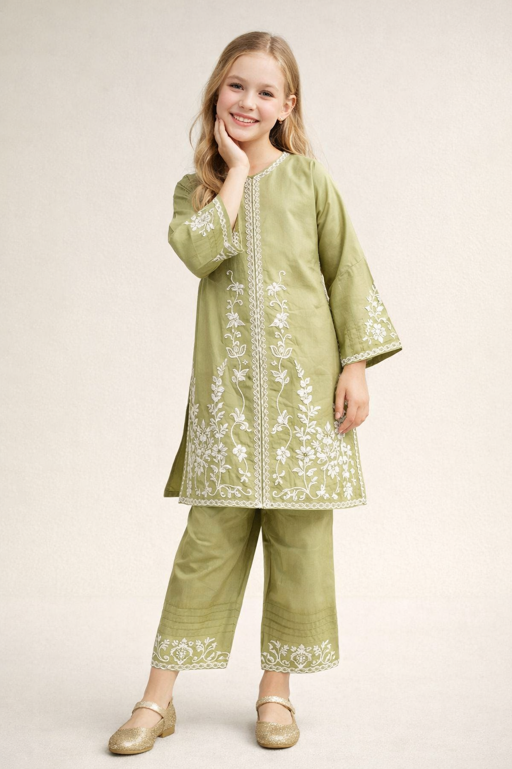 Cotton Embroidery Kurti Set 1336 Green
