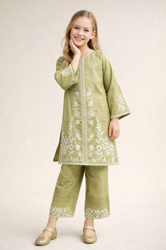 Cotton Embroidery Kurti Set 1336 Green