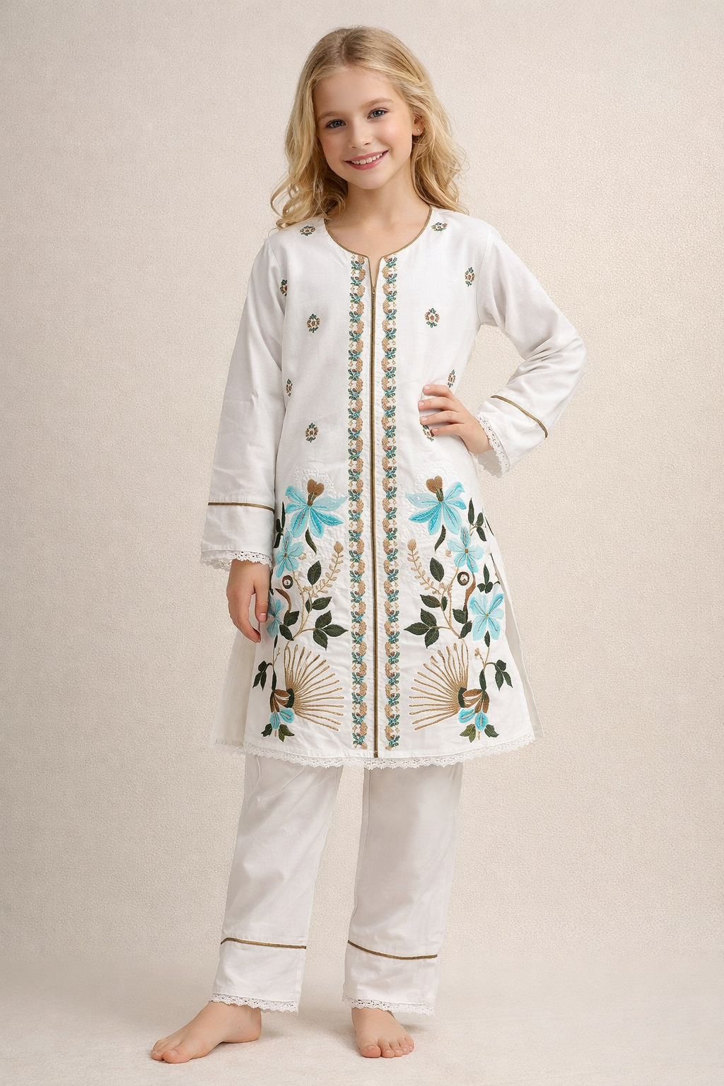 Cotton Embroidery Kurti Set 1334 White