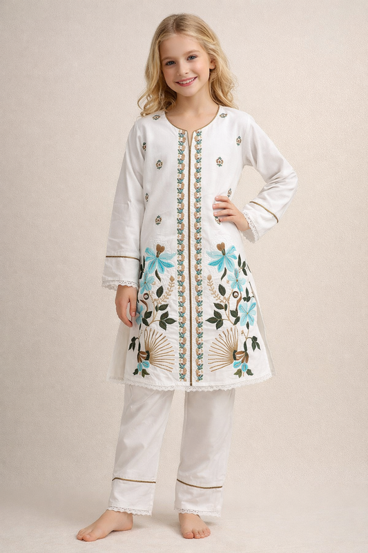 Cotton Embroidery Kurti Set 1334 White