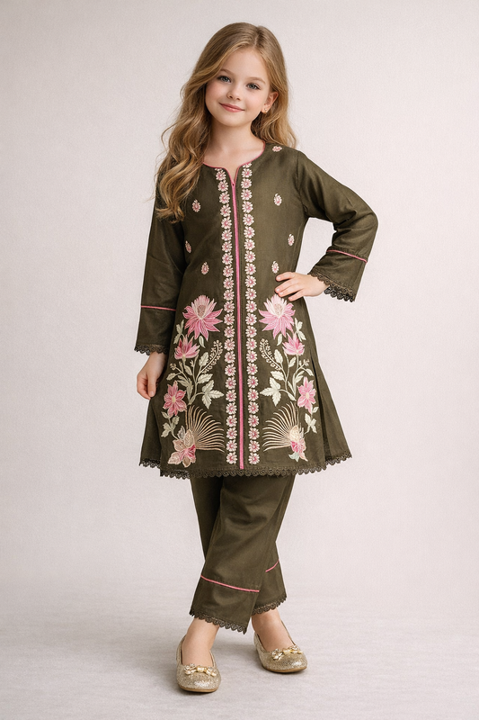 Cotton Embroidery Kurti set 1335 Green