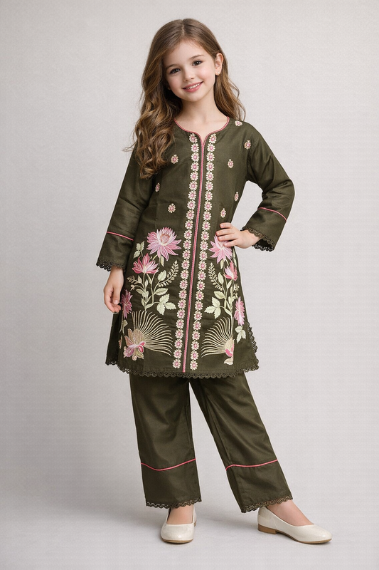 Cotton Embroidery Kurti set 1335 Green