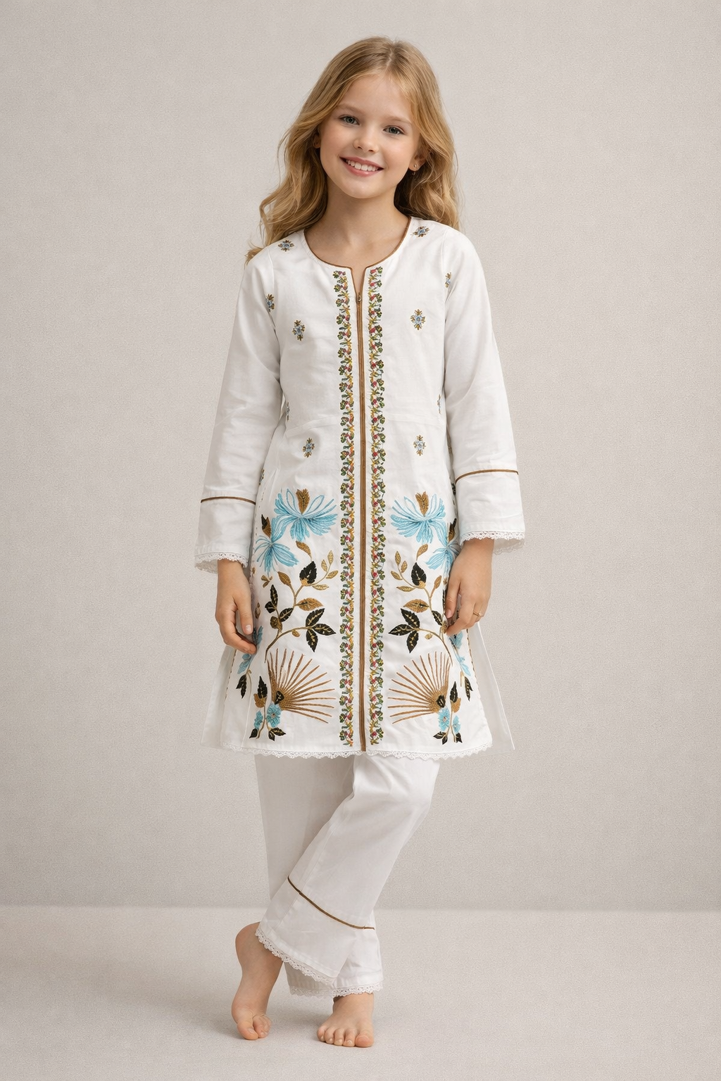 Cotton Embroidery Kurti Set 1334 White