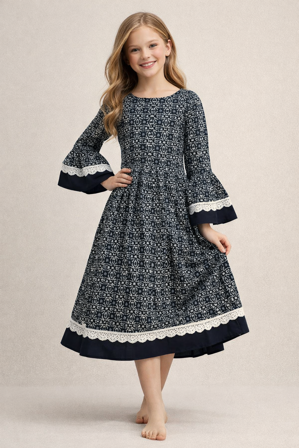 Cotton Printed Frock 1120 Navy Blue