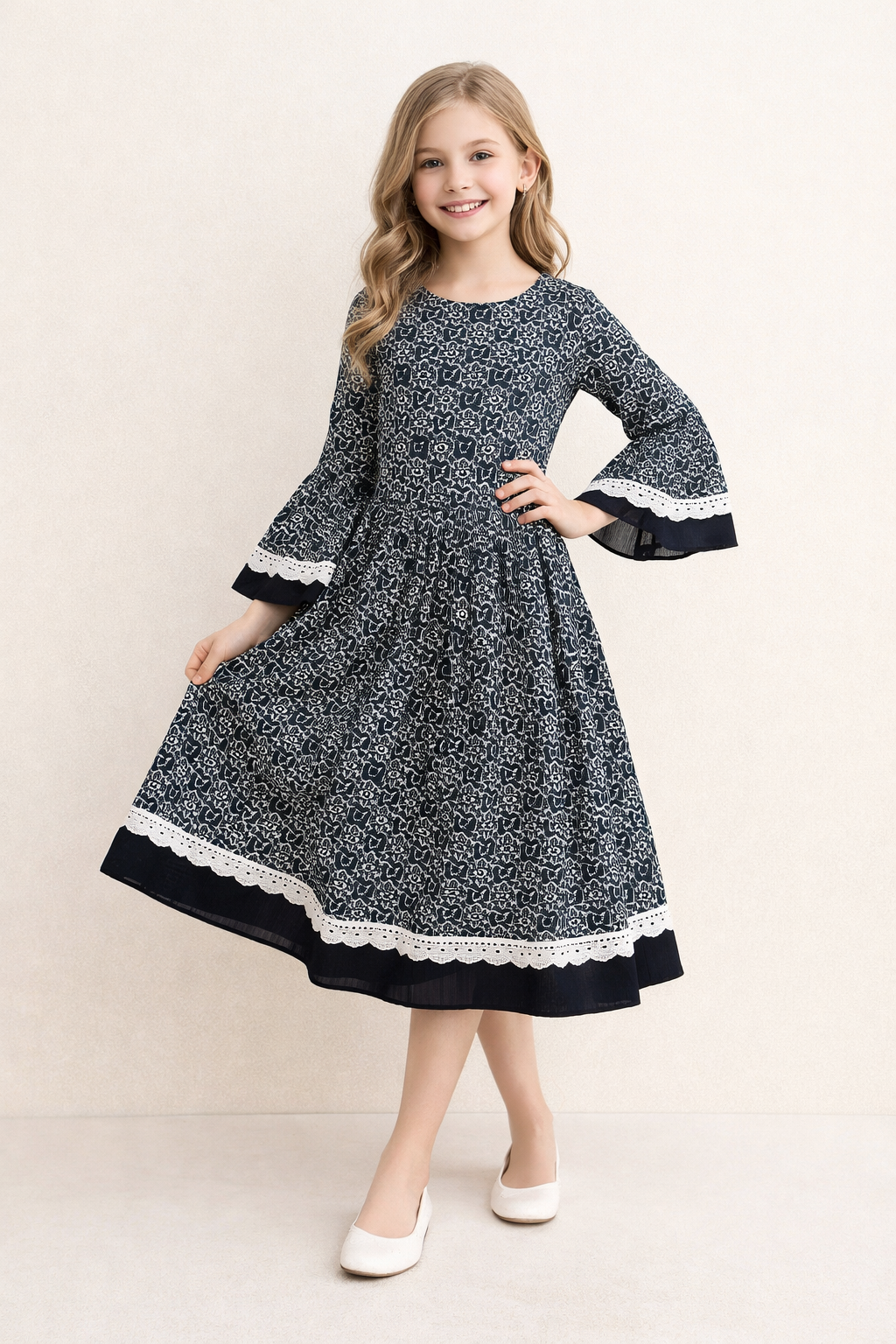 Cotton Printed Frock 1120 Navy Blue