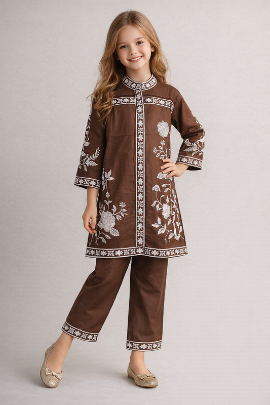Cotton Embroidery Kurti Set 1341 Brown