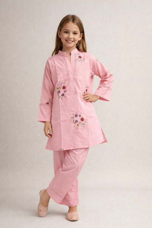 Cotton Embroidery Kurti Set 1351 Pink