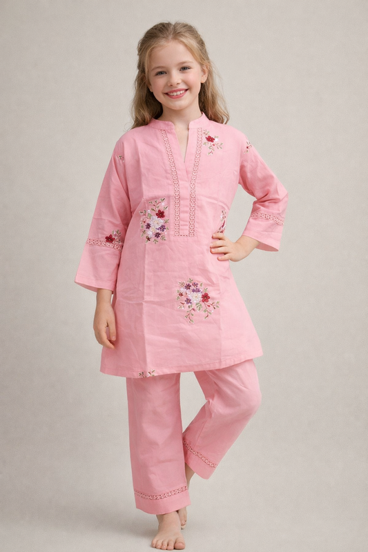Cotton Embroidery Kurti Set 1351 Pink