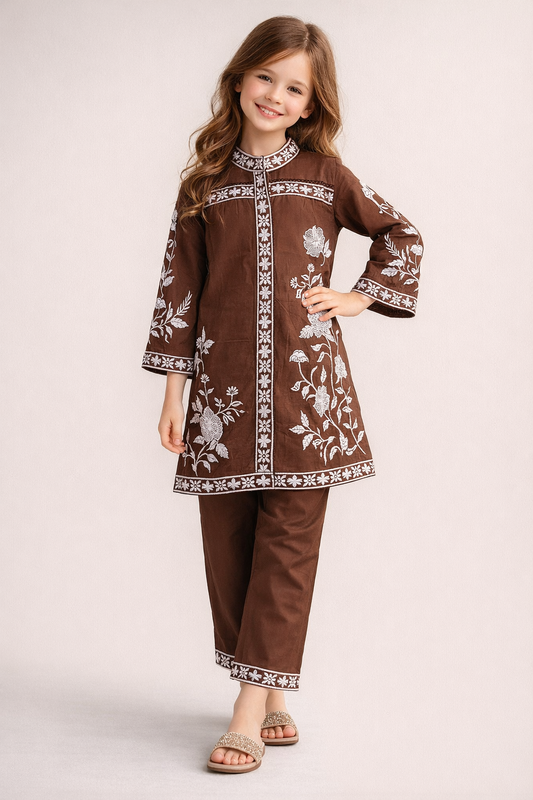 Cotton Embroidery Kurti Set 1341 Brown