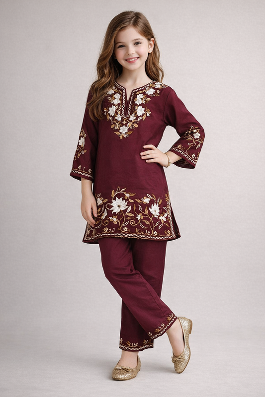 Cotton Embroidery Kurti Set 1343 Wine