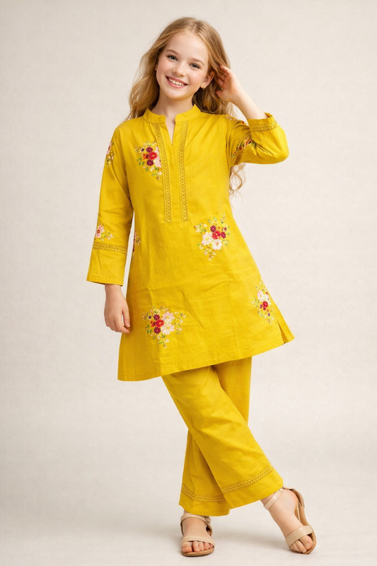 Cotton Embroidery Kurti Set 1344 Yellow