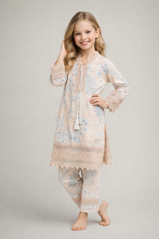 Cotton Printed Kurti Set 1346 Cream