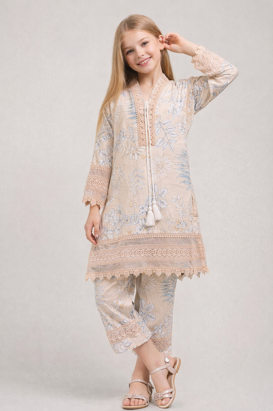 Cotton Printed Kurti Set 1346 Cream