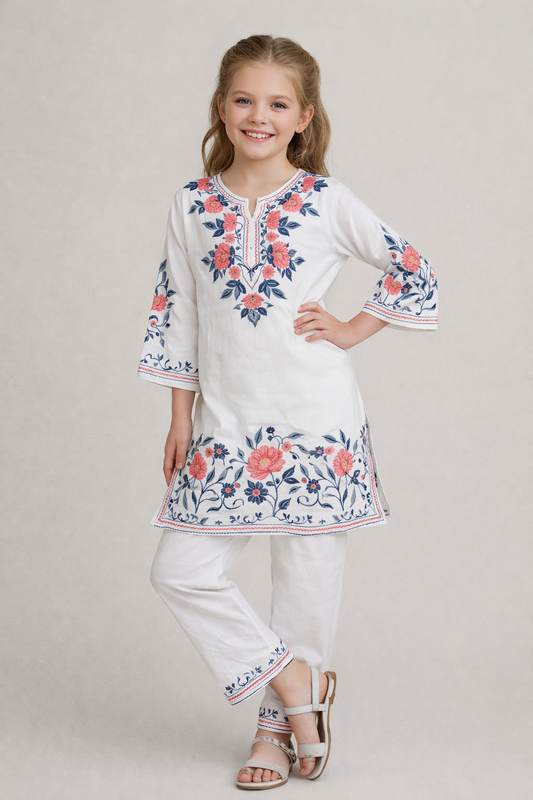 Cotton Embroidery Kurti Set 1348 White