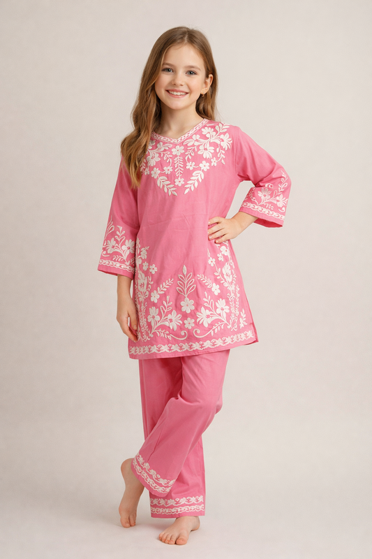 Cotton Embroidery Kurti Set 1350 Pink