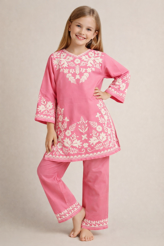 Cotton Embroidery Kurti Set 1350 Pink