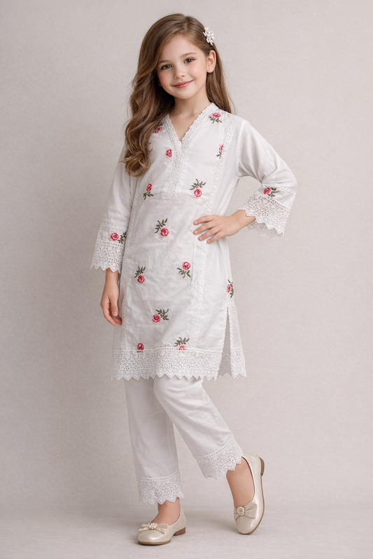 Cotton Embroidery Kurti Set 1352 White
