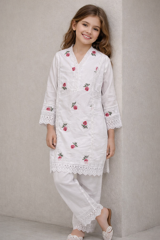Cotton Embroidery Kurti Set 1352 White