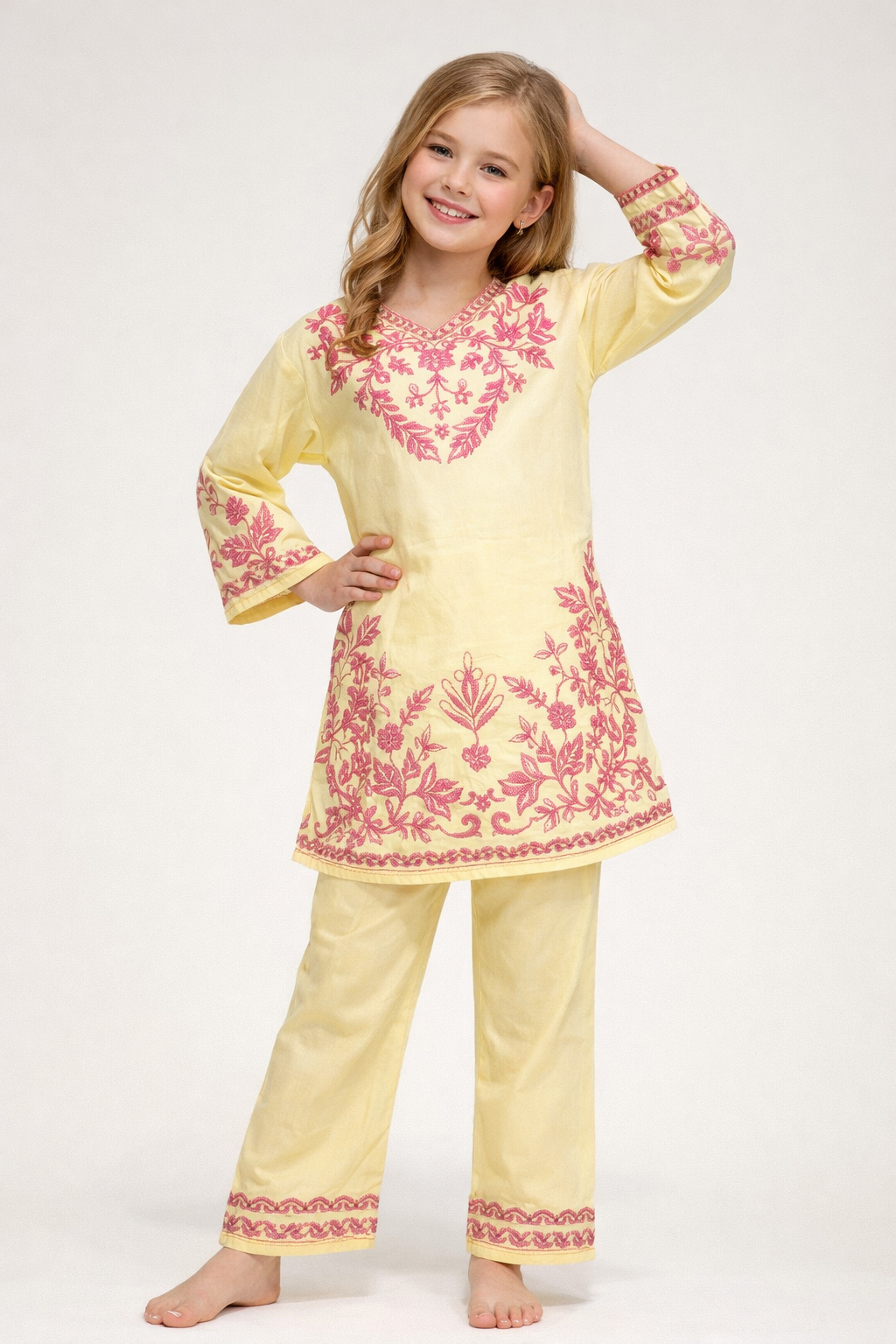 Cotton Embroidery Kurti Set 1355 Yellow