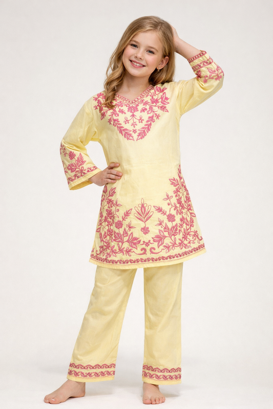 Cotton Embroidery Kurti Set 1355 Yellow