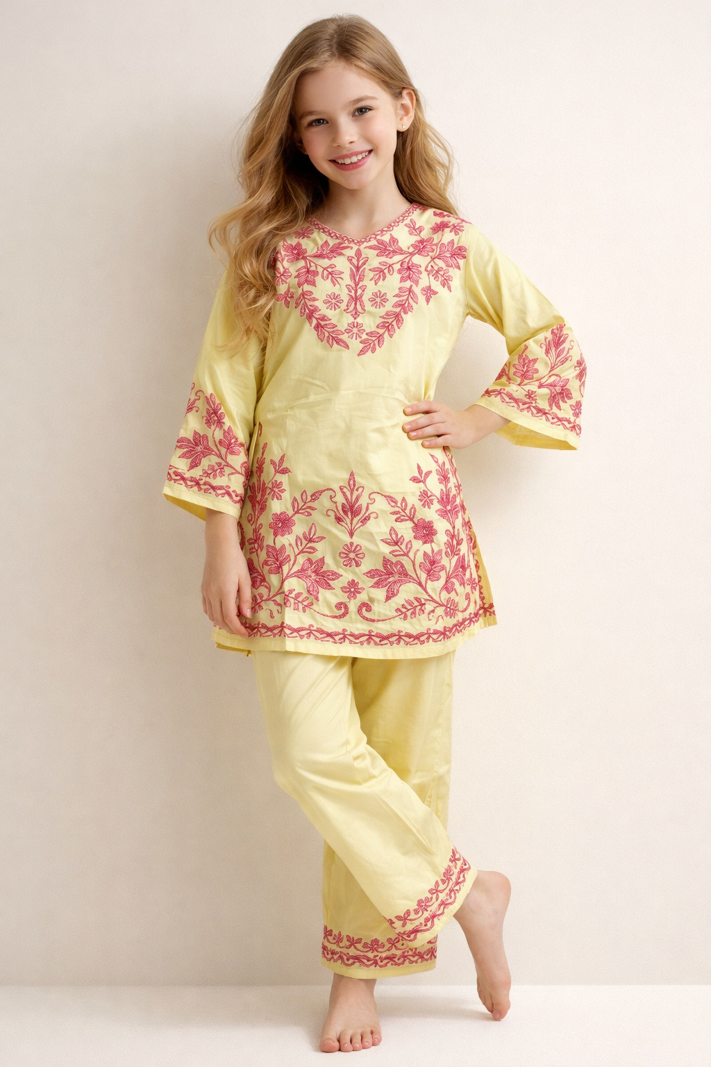 Cotton Embroidery Kurti Set 1355 Yellow