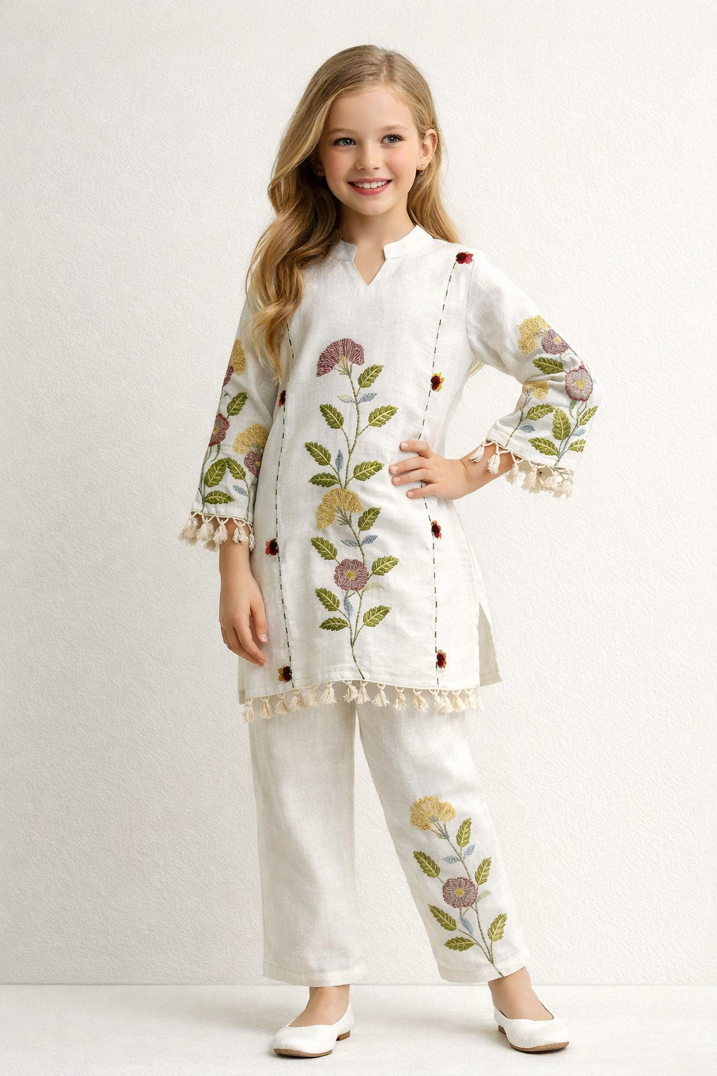 Cotton Embroidery Kurti Set 1402 White