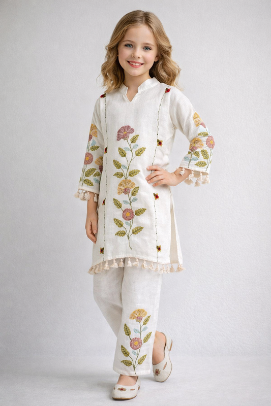 Cotton Embroidery Kurti Set 1402 White